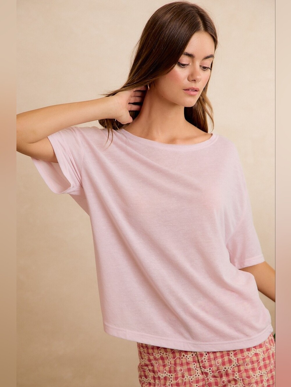 BiBi Solid Jersey Relaxed Fit Short Sleeves Pocket Top- Pale Lavender - Picture 3 of 12